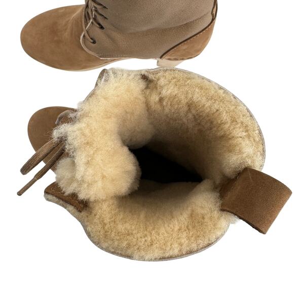 No. 6 Suede Fur High Heel Lace Up Shearling Boots Tan & Brown Size 38 (US 7.5) - Picture 9 of 13